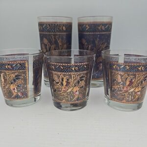 Houzz MCM‎ Pheasant Highball Drink Ware Glasses Cobalt Blue Gold Set Of 5